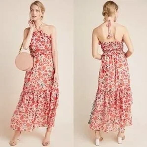 Misa Los Angeles Gia‎ Floral Halter Dress Size Small Maxi Chiffon Tiered - Picture 1 of 13